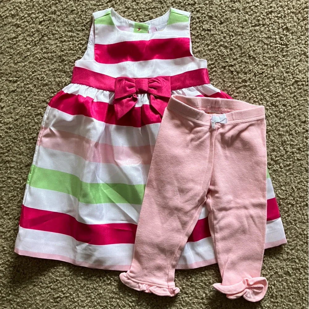 Gymboree Pink and Green Striped Dress with Leggings